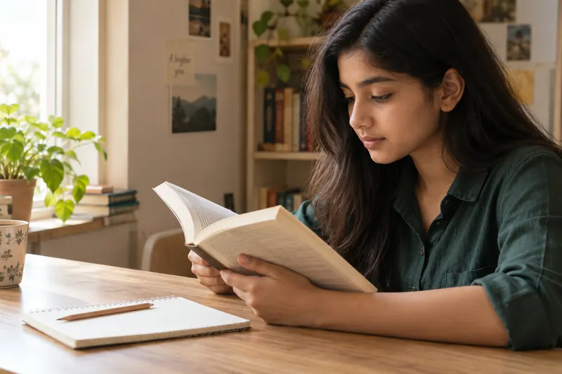 Illustrative scene of a student reading beside a writing notebook