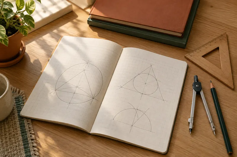 A compass and set square beside geometric drawings in a notebook