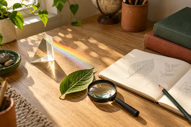 A prism, leaf and magnifying glass beside a science notebook