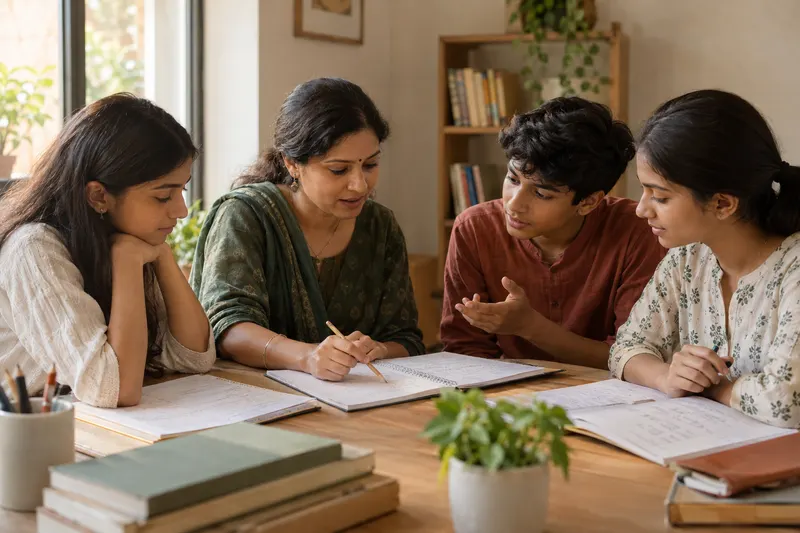Illustrative small-group lesson with a teacher and three students around a study table